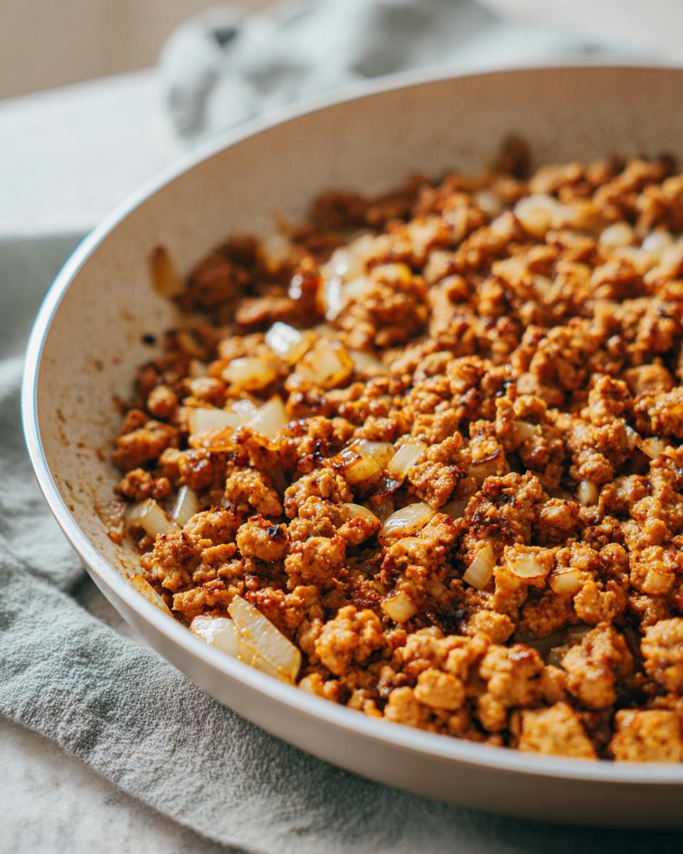 Close-up of ground turkey recipes cooking with diced onions in a white skillet.