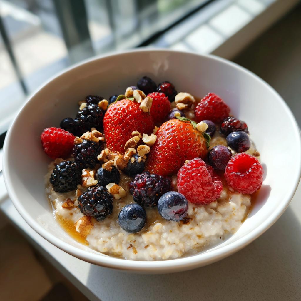 A close-up of a white bowl filled with oatmeal topped with fresh berries, nuts, and a drizzle of honey, perfect for healthy breakfast ideas.