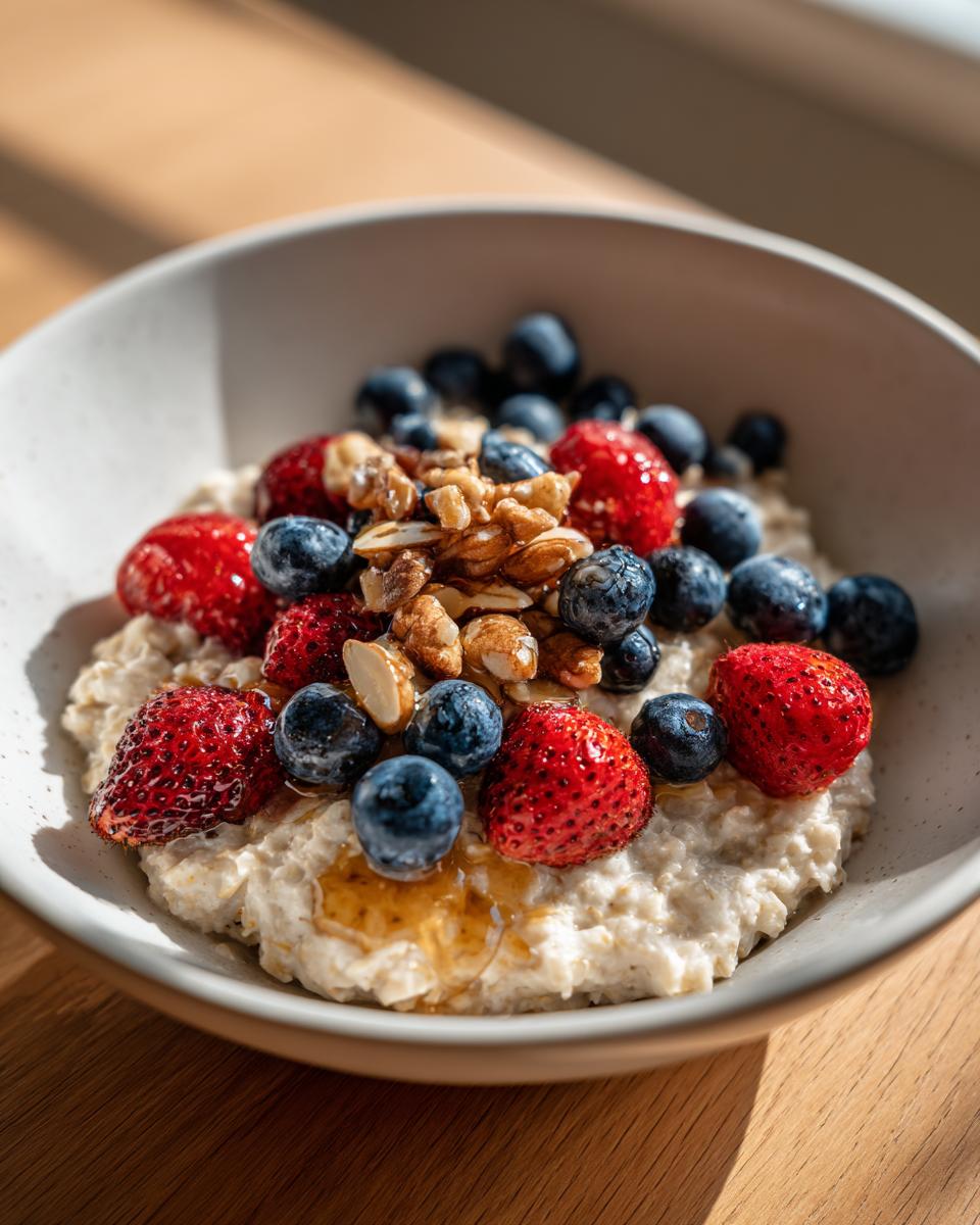 Close-up of a bowl of oatmeal topped with fresh strawberries, blueberries, nuts, and a drizzle of honey, perfect for healthy breakfast ideas.