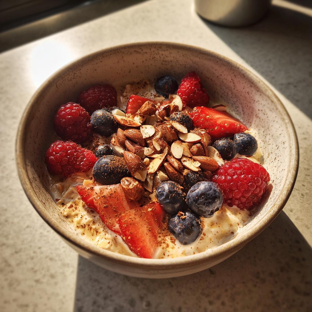 Close-up of a bowl of oatmeal topped with fresh raspberries, blueberries, strawberries, sliced almonds, and cinnamon, perfect for healthy breakfast ideas.