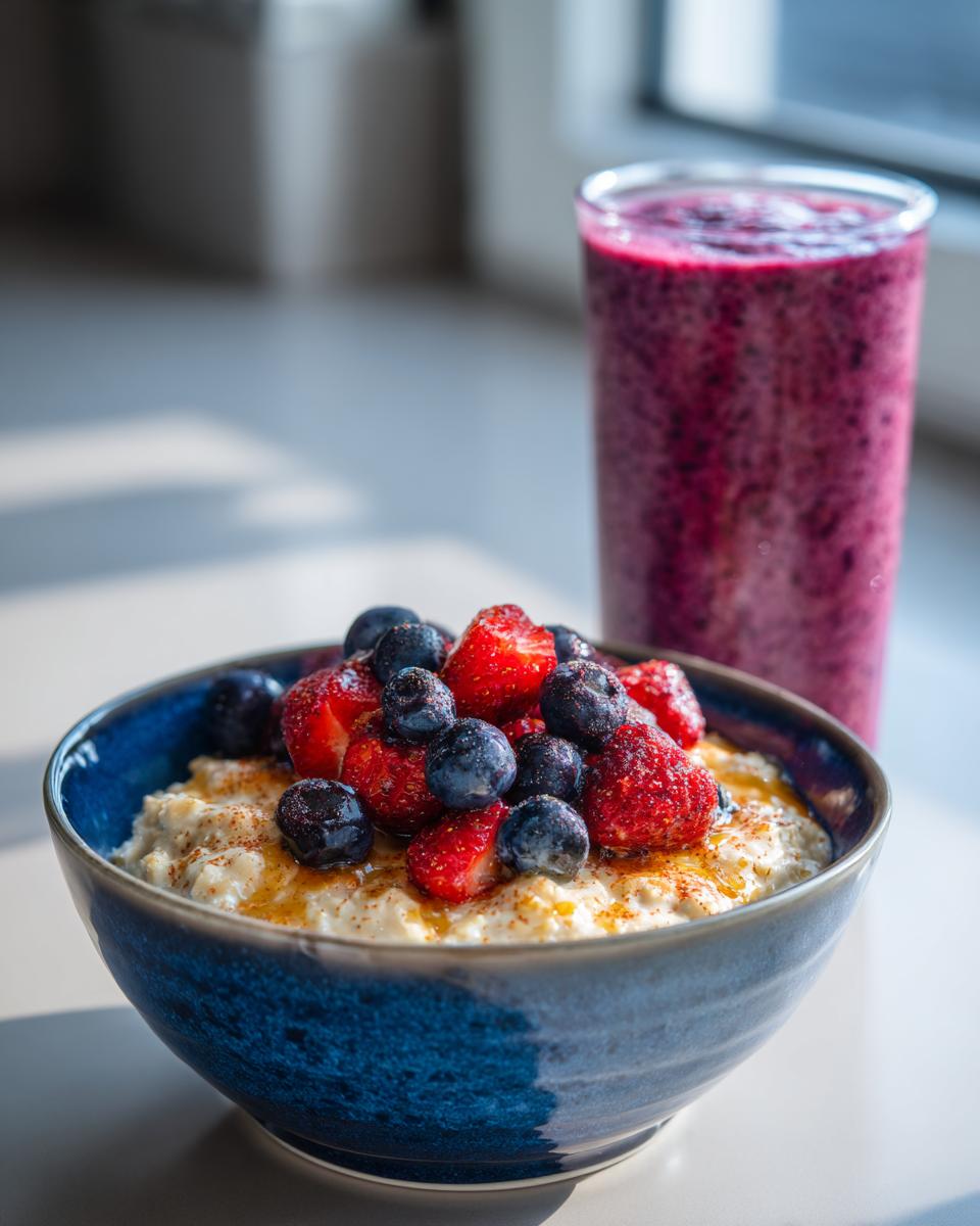 Bowl of oatmeal topped with fresh berries and honey, with a berry smoothie in the background, healthy breakfast ideas