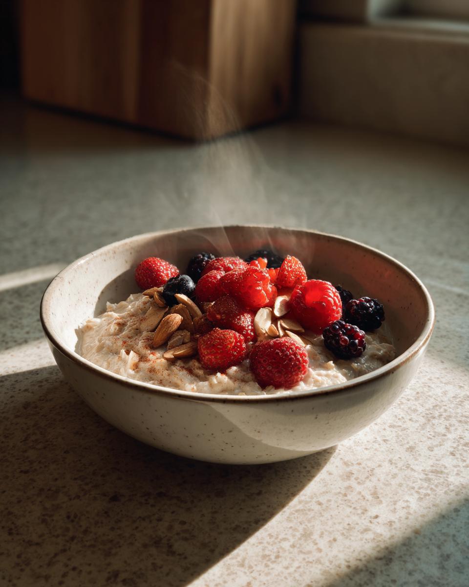 A steaming bowl of oatmeal topped with fresh raspberries, blackberries, blueberries, and almonds, perfect for healthy breakfast ideas.