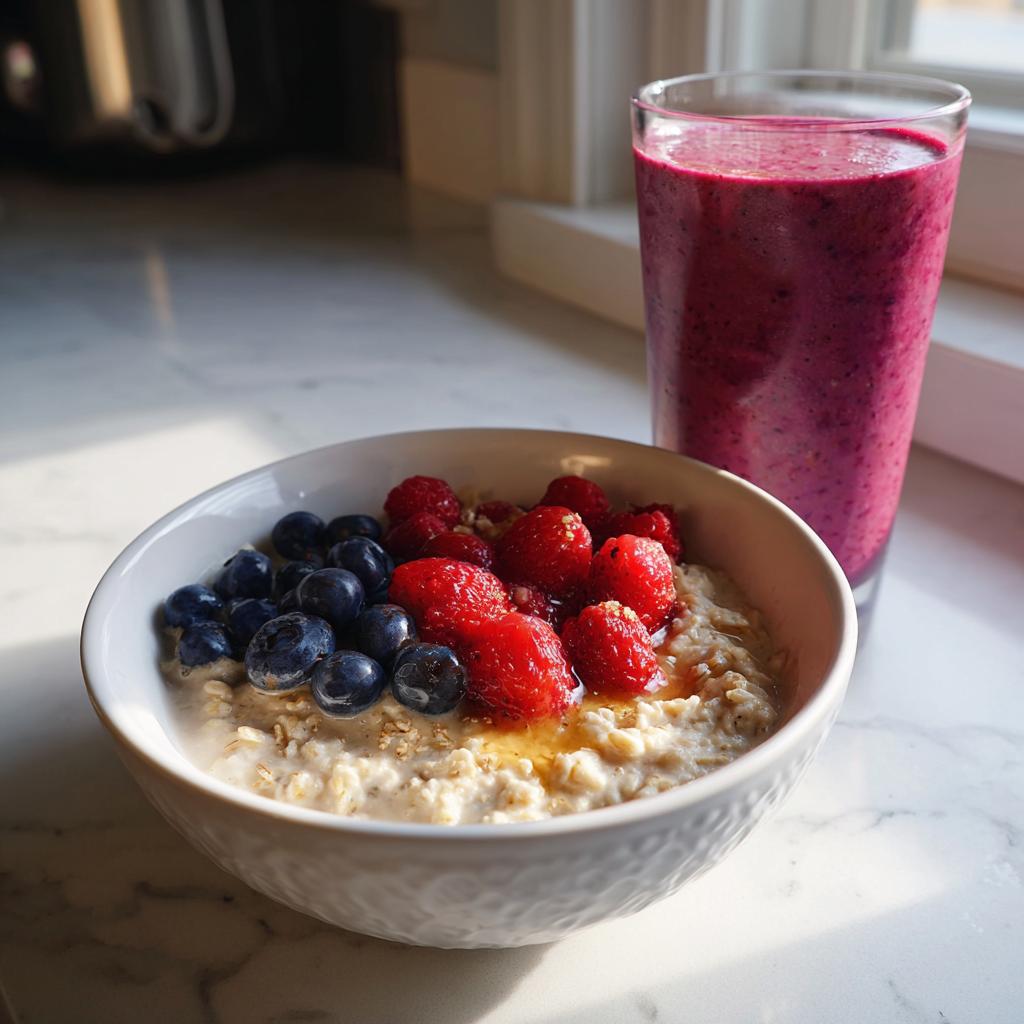 Bowl of oatmeal topped with blueberries and strawberries next to a glass of berry smoothie