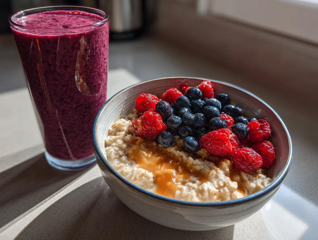 Bowl of oatmeal topped with raspberries, blueberries, and honey alongside a glass of berry smoothie