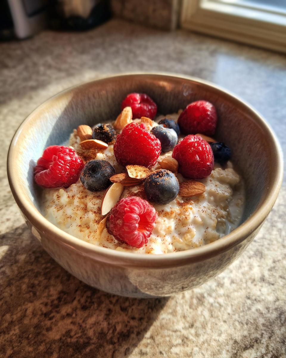 A close-up of a bowl of oatmeal topped with fresh raspberries, blueberries, almonds, and cinnamon, perfect for healthy breakfast ideas.