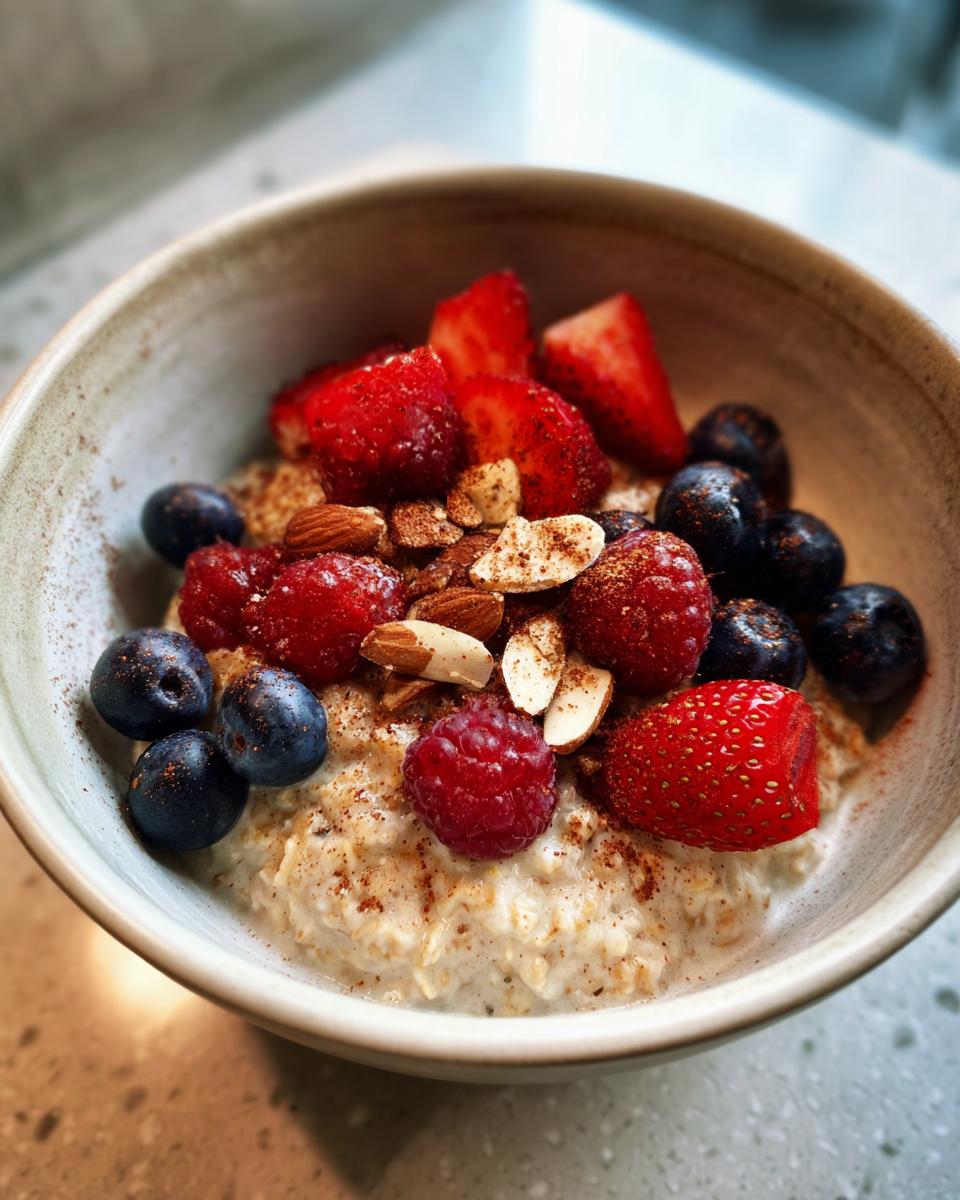 Close-up of a bowl of oatmeal topped with fresh strawberries, blueberries, raspberries, almonds, and a sprinkle of cinnamon. A perfect example of healthy breakfast ideas.