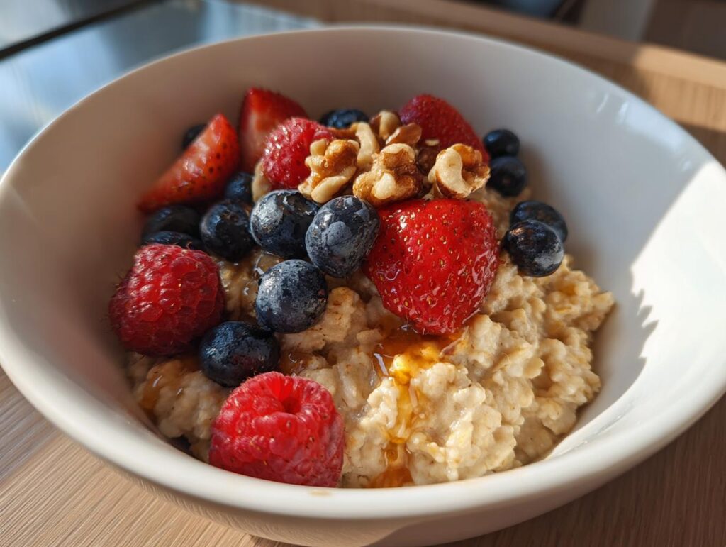 A bowl of healthy breakfast oatmeal topped with fresh strawberries, blueberries, raspberries, and walnuts, drizzled with honey.
