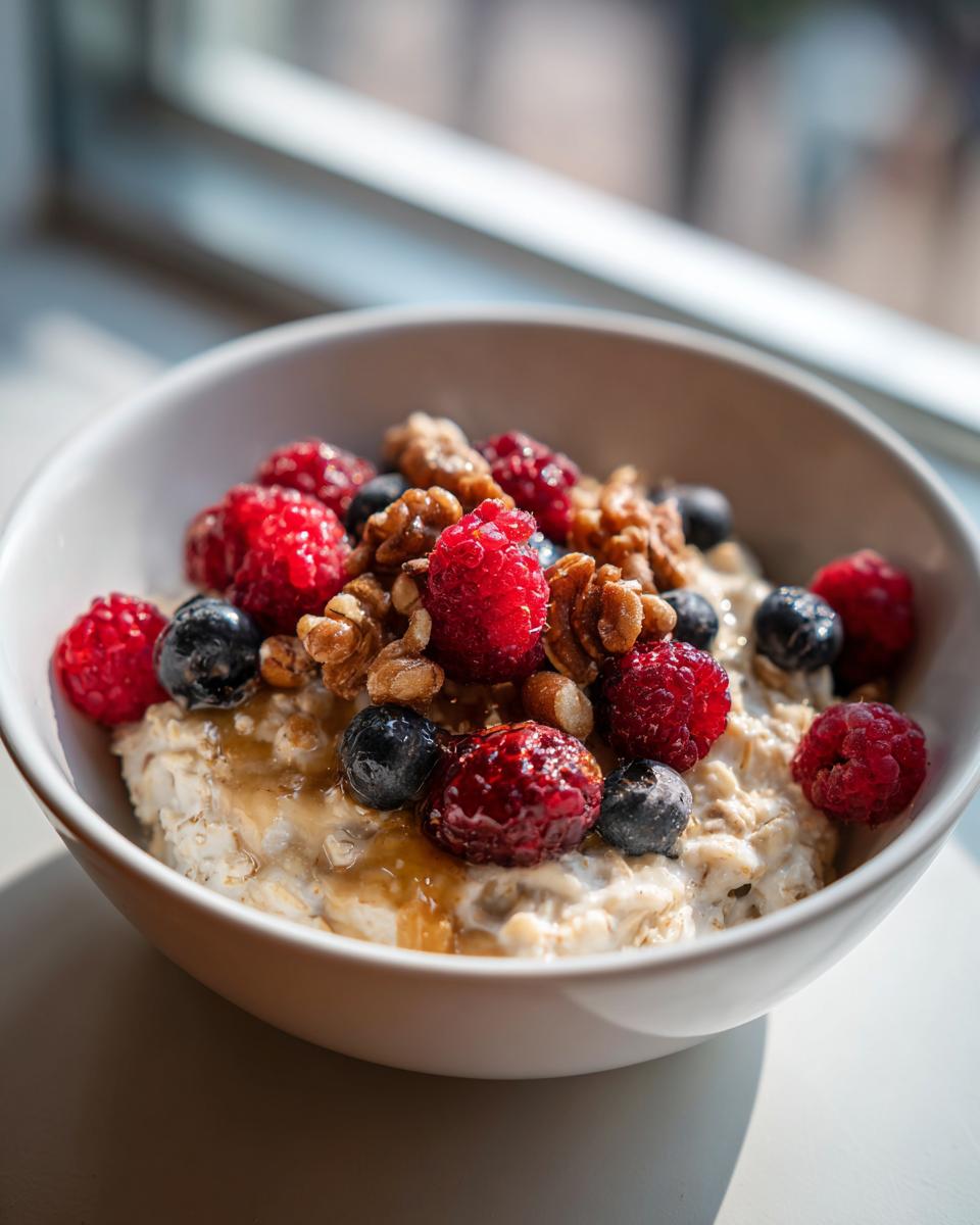 Close-up of a bowl of oatmeal topped with fresh raspberries, blueberries, walnuts, and a drizzle of honey, showcasing healthy breakfast ideas.