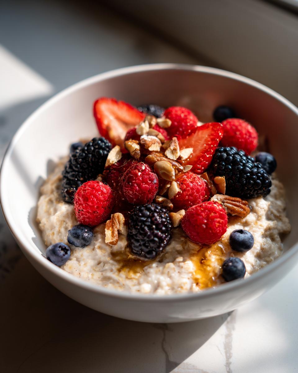 Close-up of a bowl of oatmeal topped with fresh strawberries, raspberries, blackberries, blueberries, chopped nuts, and a drizzle of honey. A perfect healthy breakfast idea.
