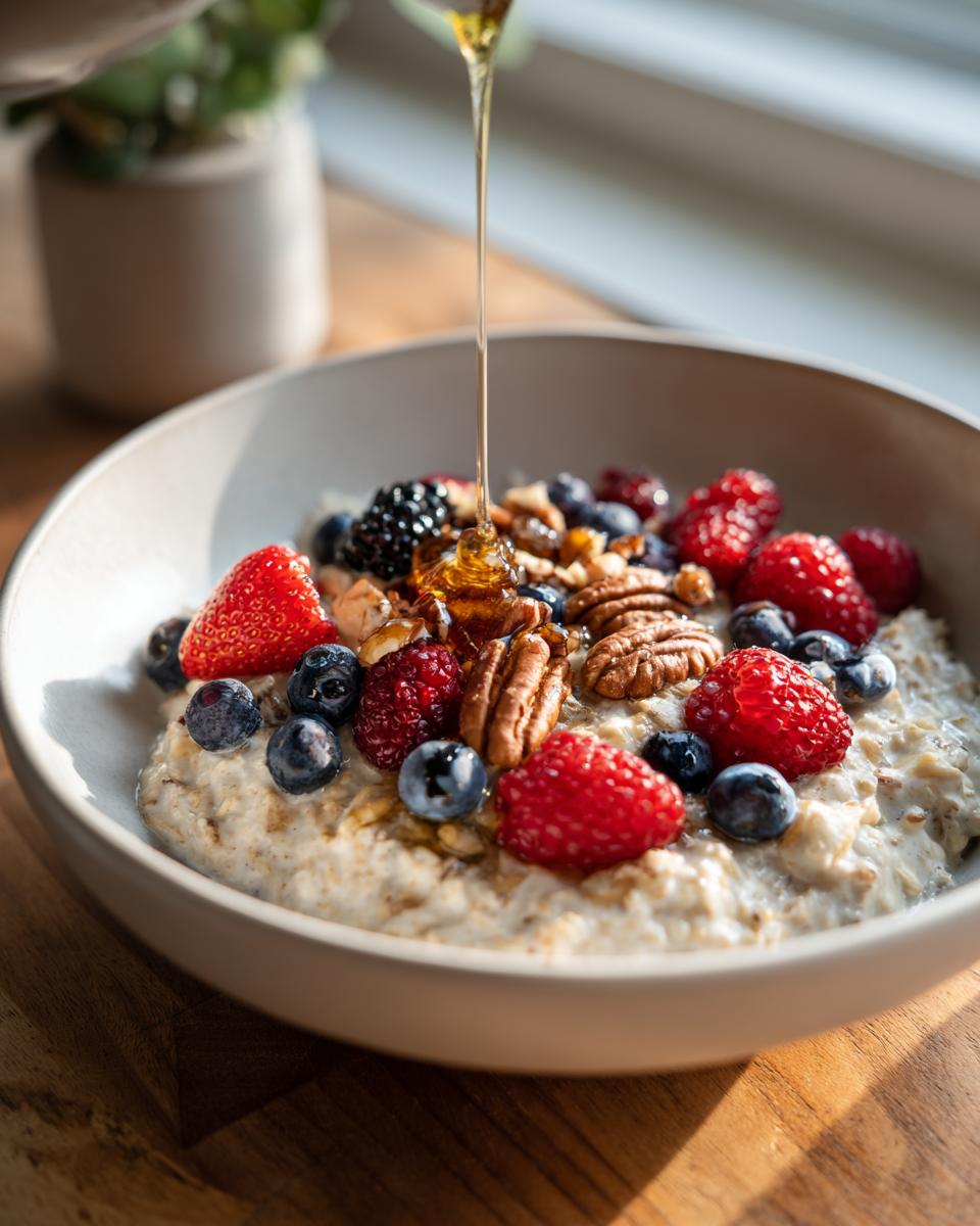Close-up of a bowl of oatmeal topped with fresh berries, nuts, and drizzled with honey, a perfect healthy breakfast idea.