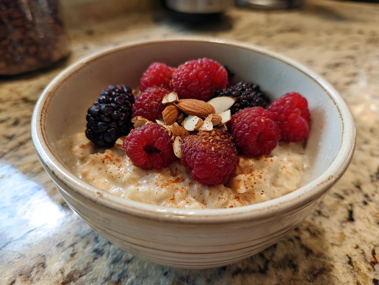 A bowl of oatmeal topped with fresh raspberries, blackberries, sliced almonds, and a sprinkle of cinnamon. A perfect example of healthy breakfast ideas.
