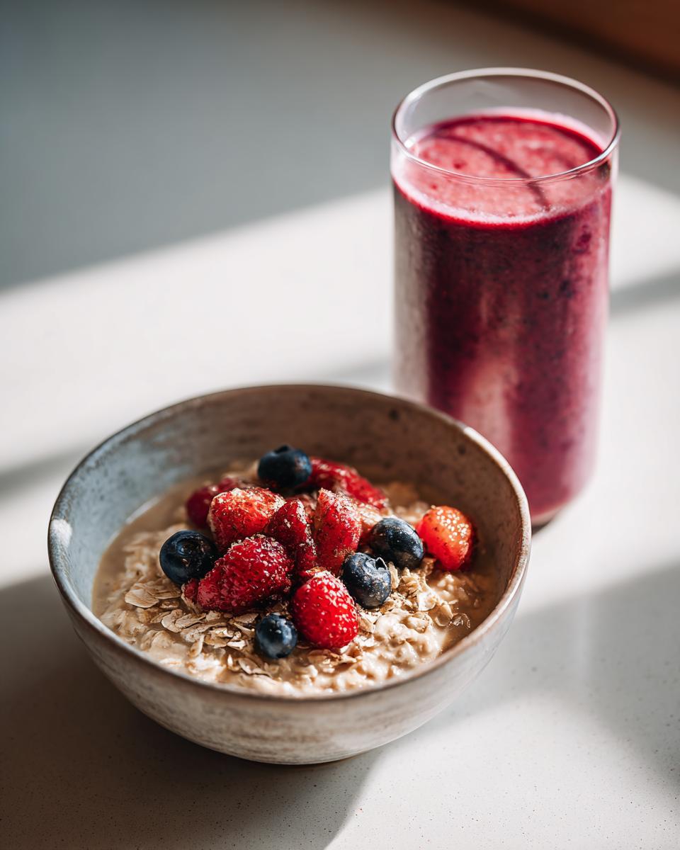 Bowl of oatmeal topped with fresh strawberries and blueberries alongside a glass of berry smoothie.
