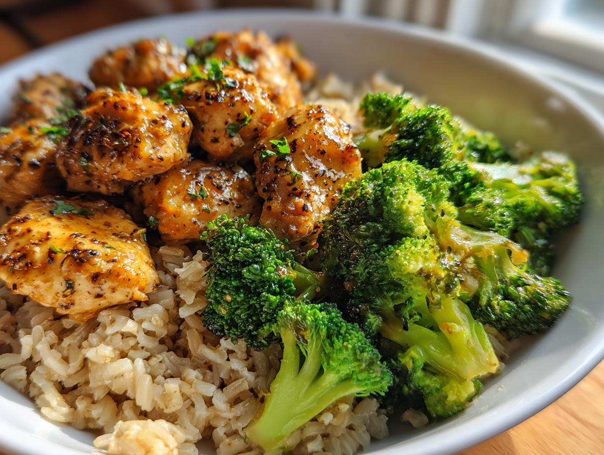 Bowl with seasoned chicken, steamed broccoli, and brown rice for easy healthy dinner recipes