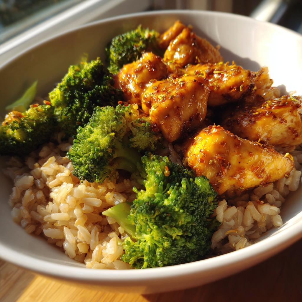 Bowl of chicken, broccoli, and rice, showcasing easy healthy dinner recipes.