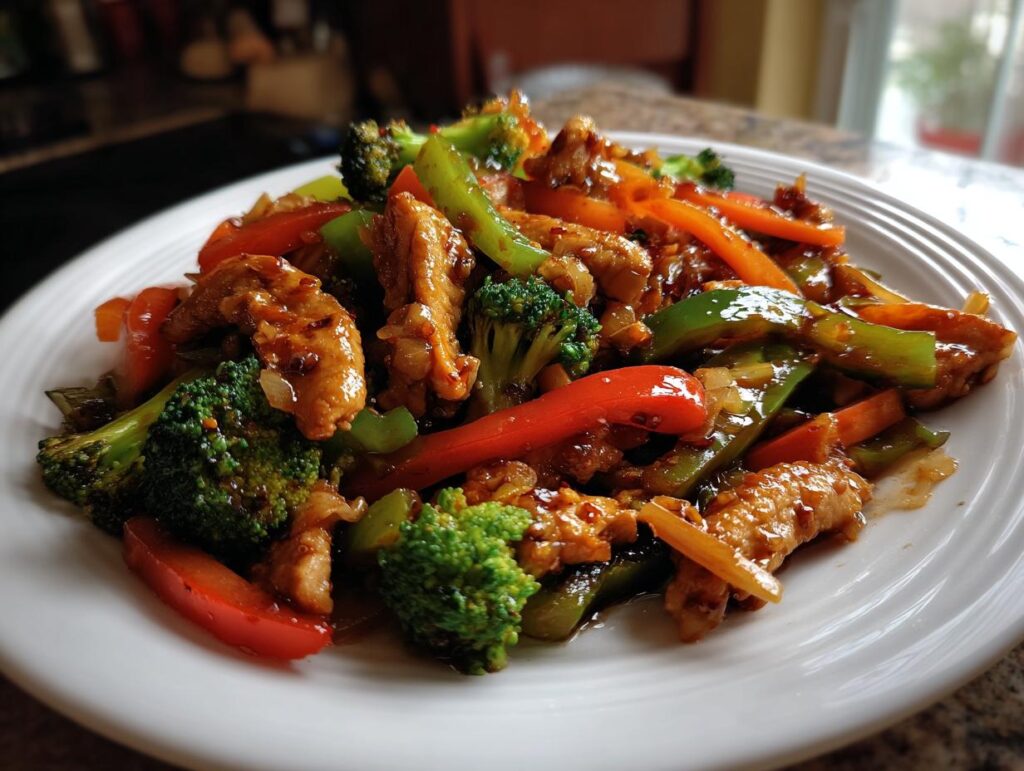 A vibrant plate of chicken and broccoli stir-fry, a perfect healthy dinner recipe with colorful bell peppers and a glossy sauce.