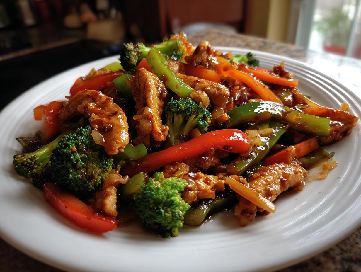 A vibrant plate of chicken and broccoli stir-fry, a perfect healthy dinner recipe with colorful bell peppers and a glossy sauce.