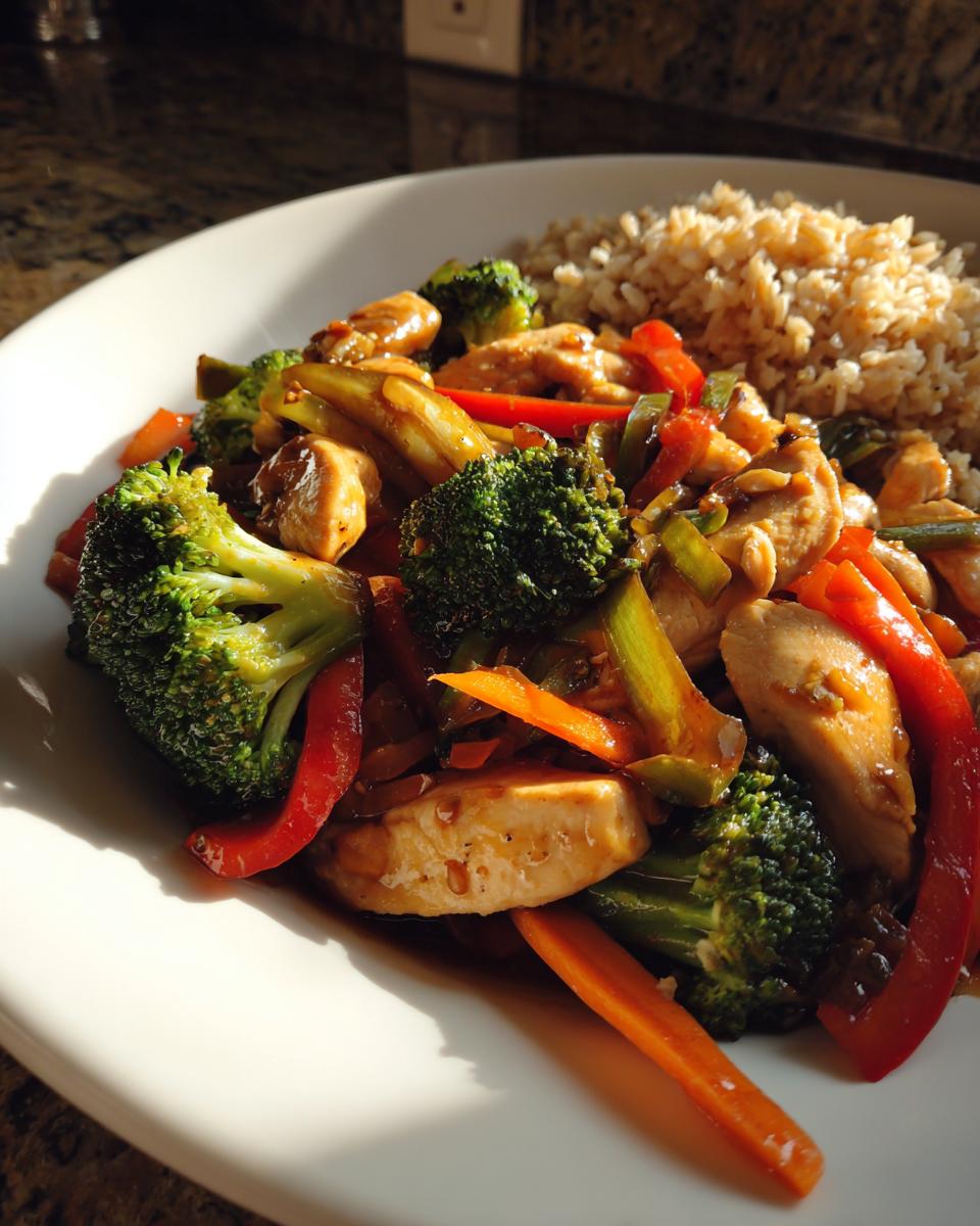 A plate of healthy dinner recipe featuring chicken stir-fry with broccoli, red bell peppers, carrots, and brown rice.