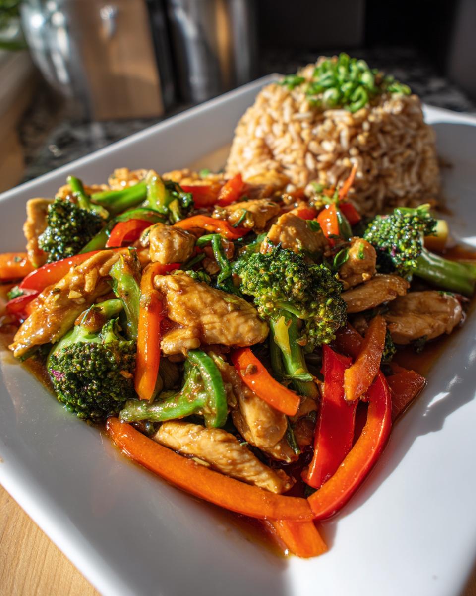 A vibrant chicken and broccoli stir-fry with bell peppers and brown rice, perfect for healthy dinner recipes.