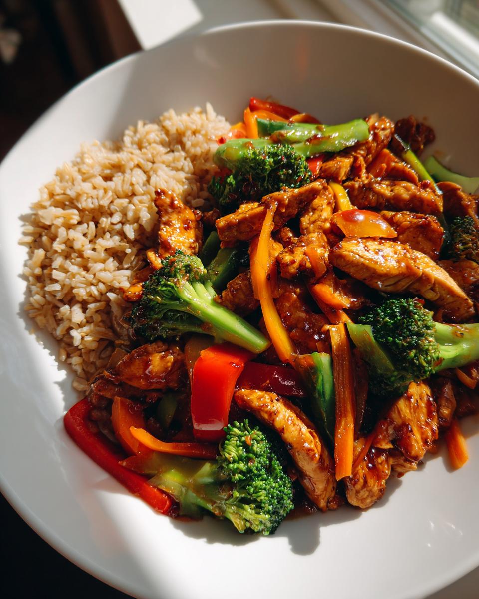A healthy dinner recipe featuring chicken and broccoli stir-fry with brown rice, bell peppers, and snap peas.