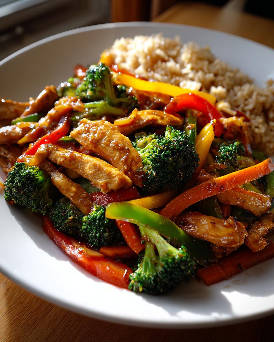 A colorful and healthy dinner recipe featuring chicken stir-fry with broccoli, bell peppers, carrots, and brown rice.