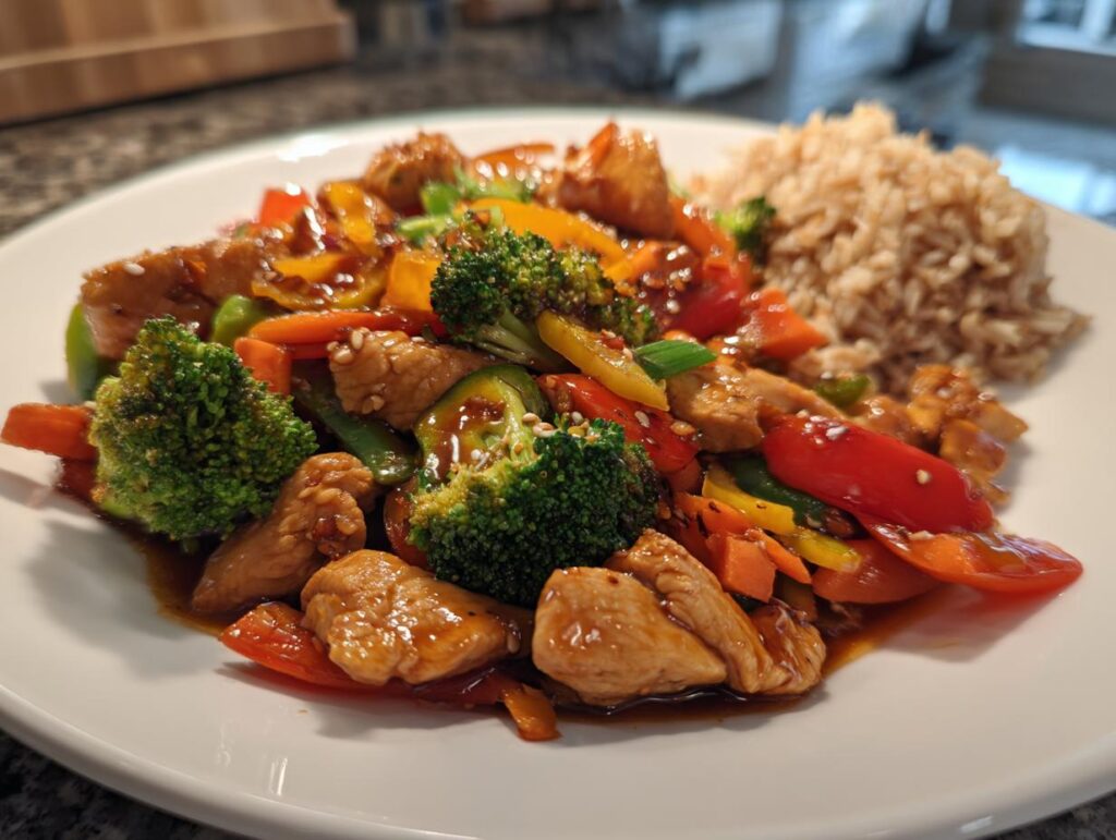A plate of healthy dinner recipe featuring chicken stir-fry with broccoli, peppers, carrots, and brown rice.