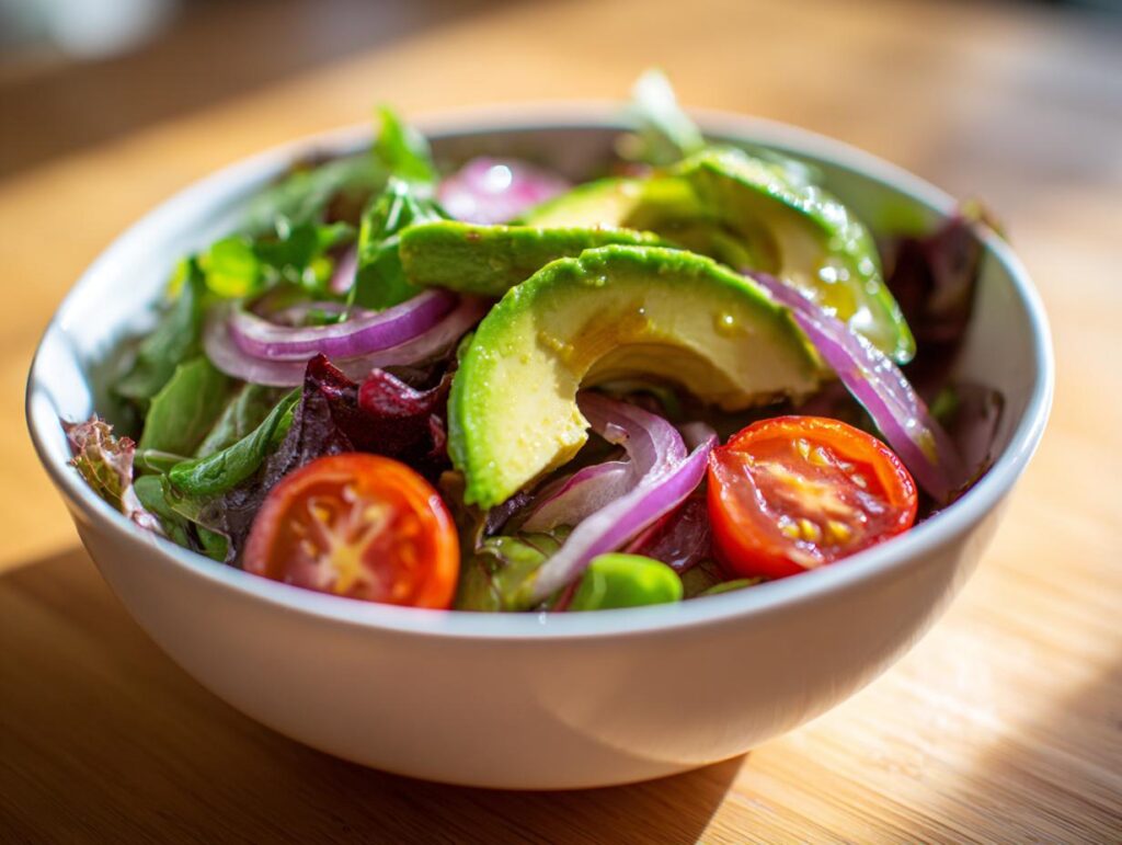 A vibrant bowl of healthy lunch ideas featuring a fresh salad with avocado, cherry tomatoes, red onion, and mixed greens.