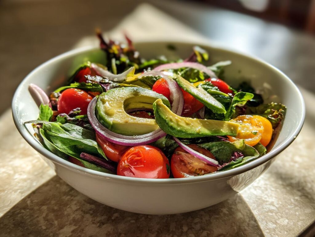 A vibrant bowl of healthy lunch ideas featuring a fresh avocado tomato salad with red onion and mixed greens.
