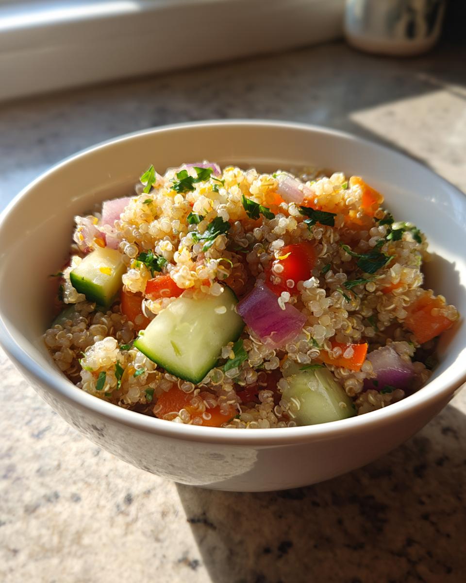 A close-up of a vibrant quinoa salad in a white bowl, featuring cucumber, red onion, tomatoes, and fresh herbs. A perfect example of healthy meals.