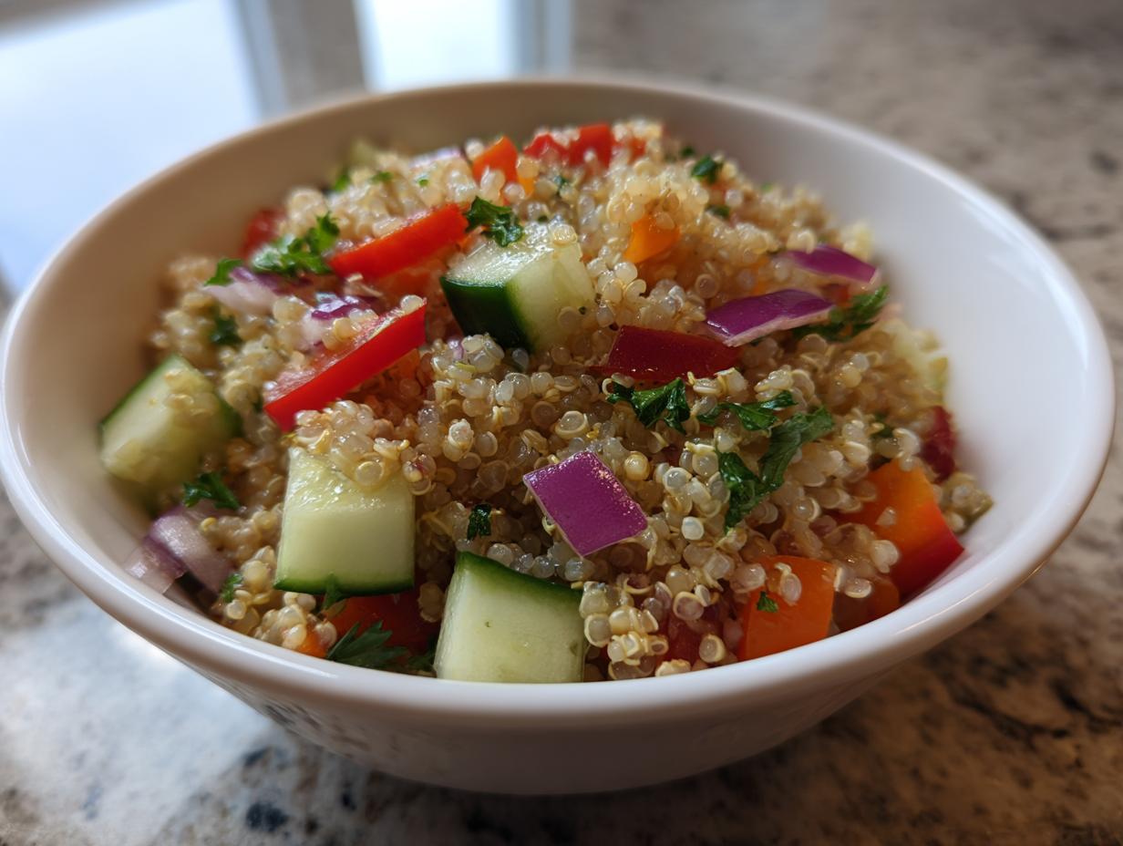 A bowl of vibrant quinoa salad with cucumber, red bell pepper, red onion, and parsley, perfect for healthy meals.