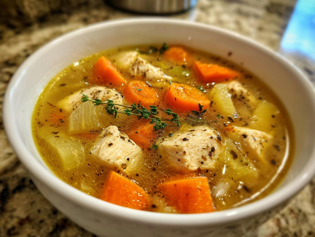 A close-up of a white bowl filled with hearty chicken soup, featuring tender chicken pieces, carrots, and herbs.
