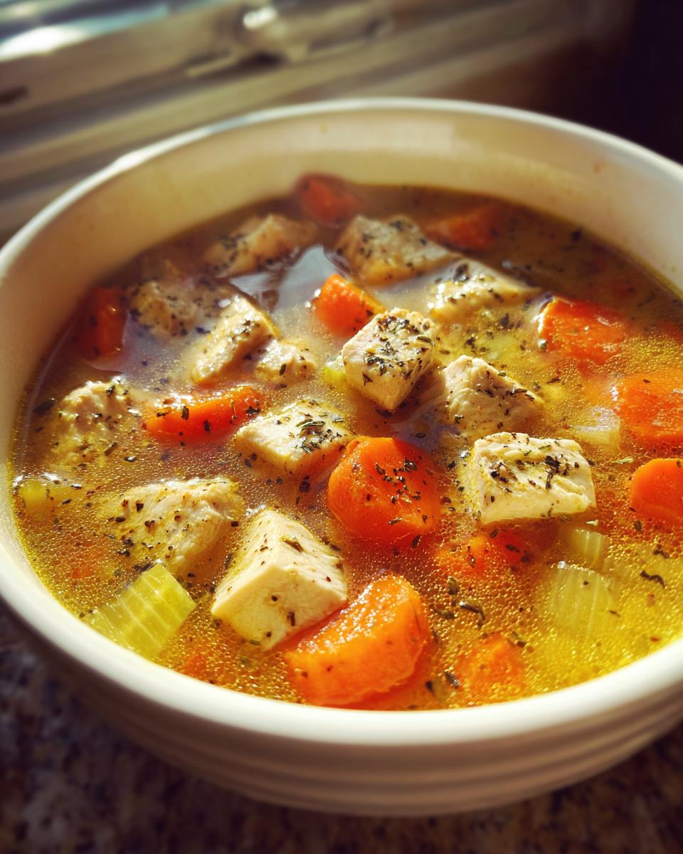 Close-up of a bowl of comforting chicken soup with chunks of chicken, carrots, and celery, seasoned with herbs.