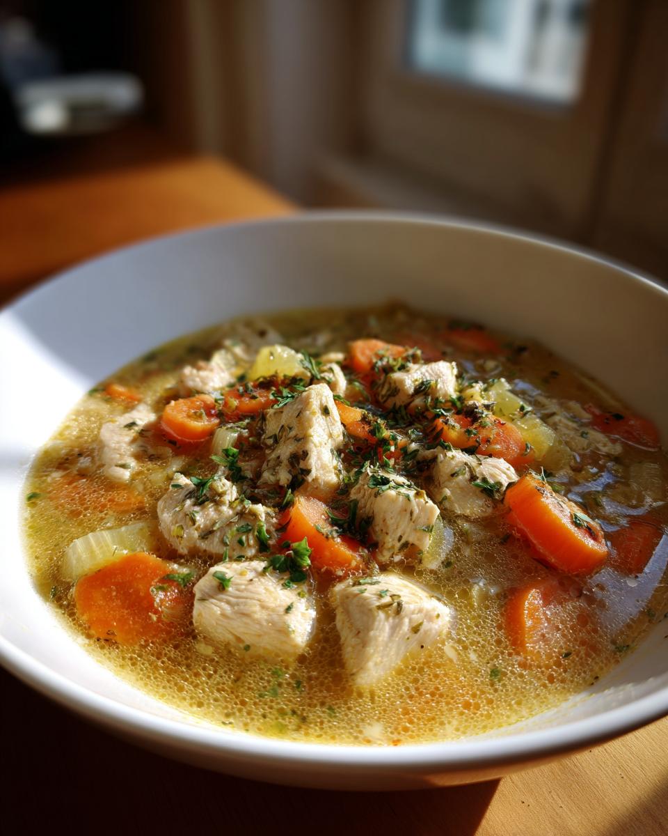 Bowl of hearty chicken soup with chunks of chicken, sliced carrots, herbs, and broth.
