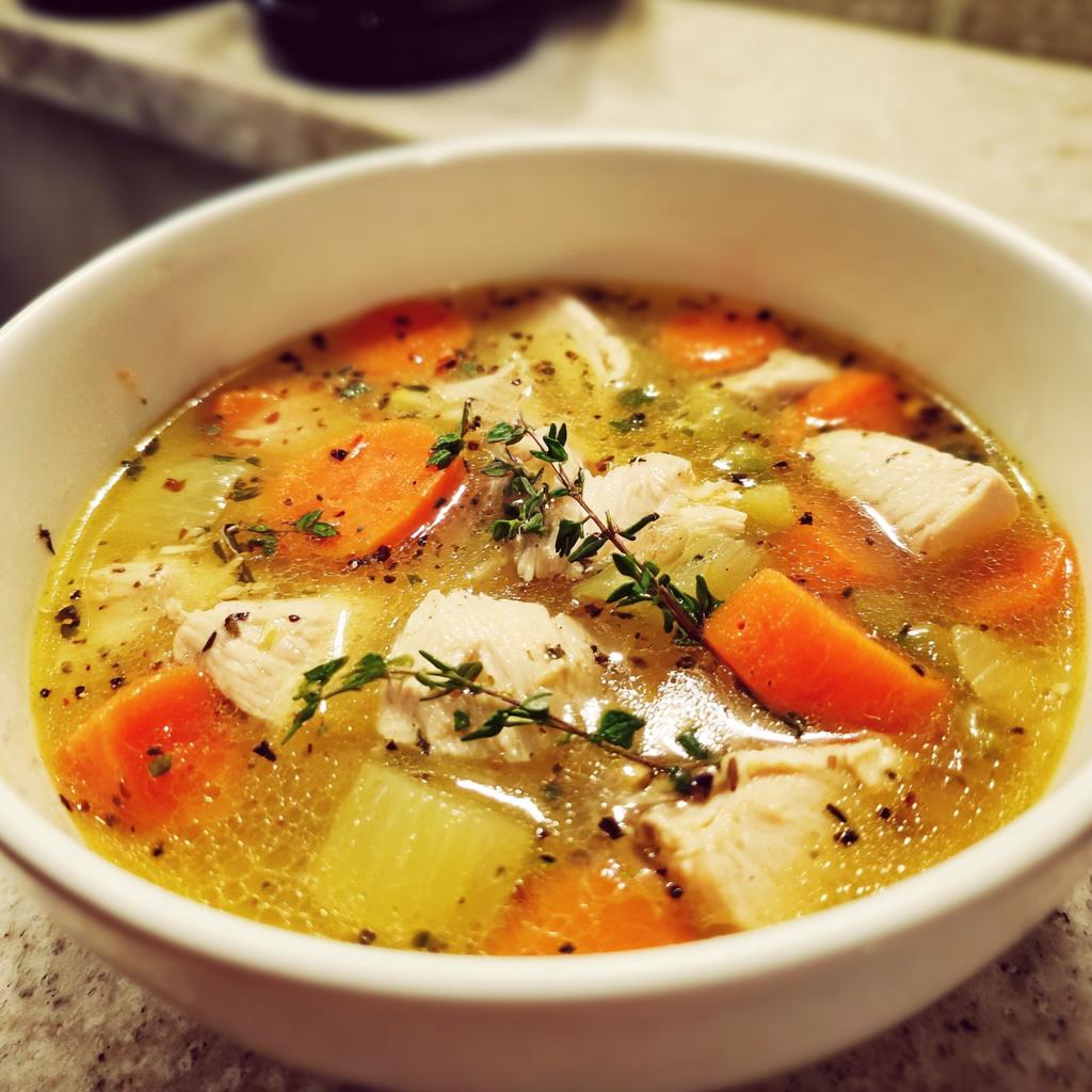 A close-up of a bowl of hearty chicken soup with chunks of chicken, carrots, and celery, garnished with fresh thyme.