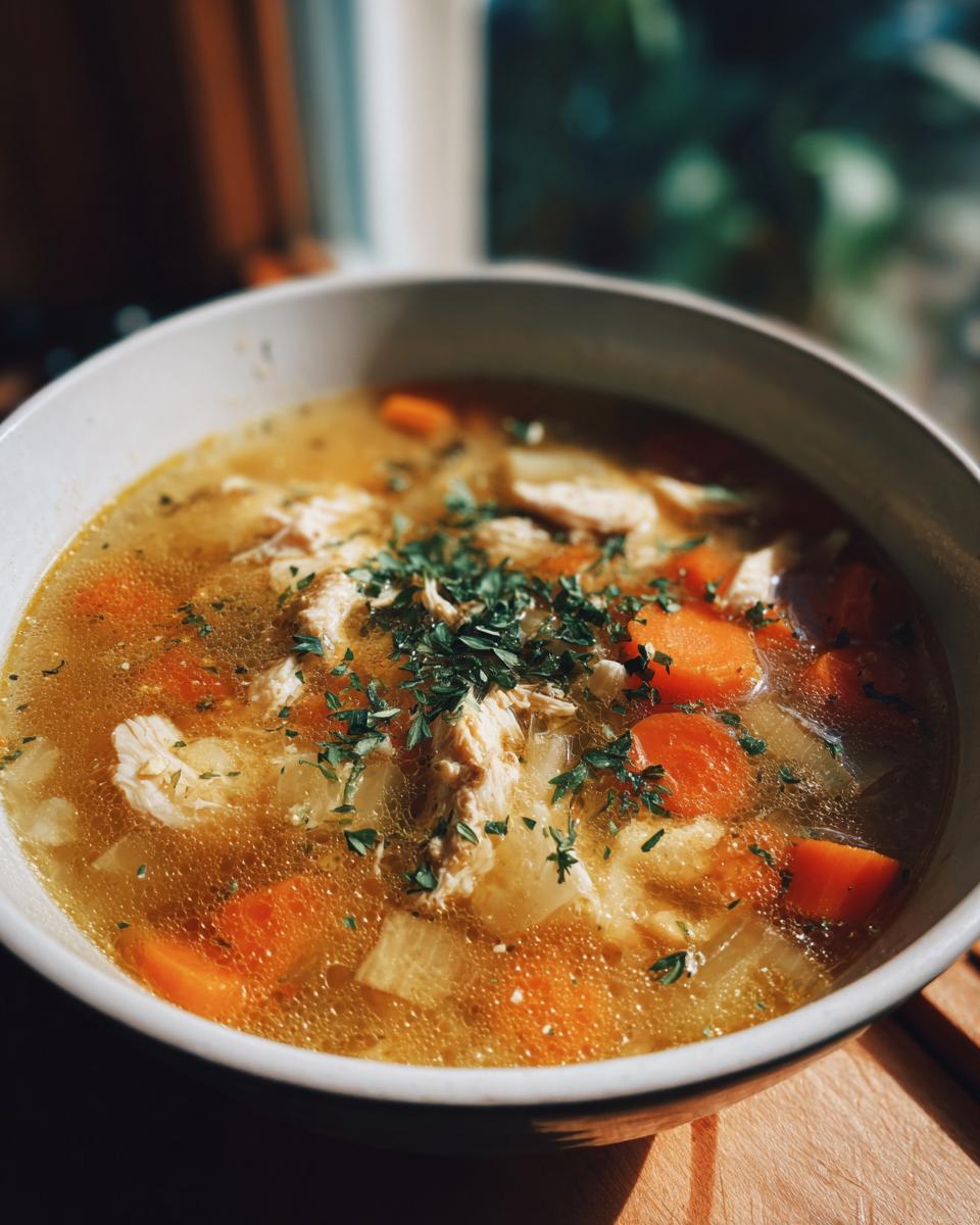 Bowl of hearty chicken soup with carrots, herbs, and broth, perfect for cold relief.