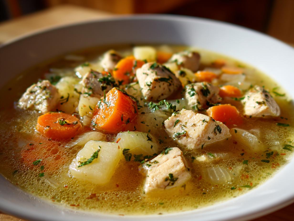 Bowl of hearty chicken soup with chunks of chicken, carrots, potatoes, and herbs.