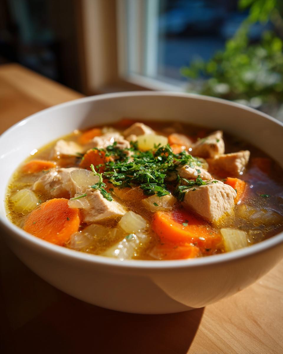 Bowl of hearty chicken soup recipes with chunks of chicken, carrots, celery, and fresh herbs.