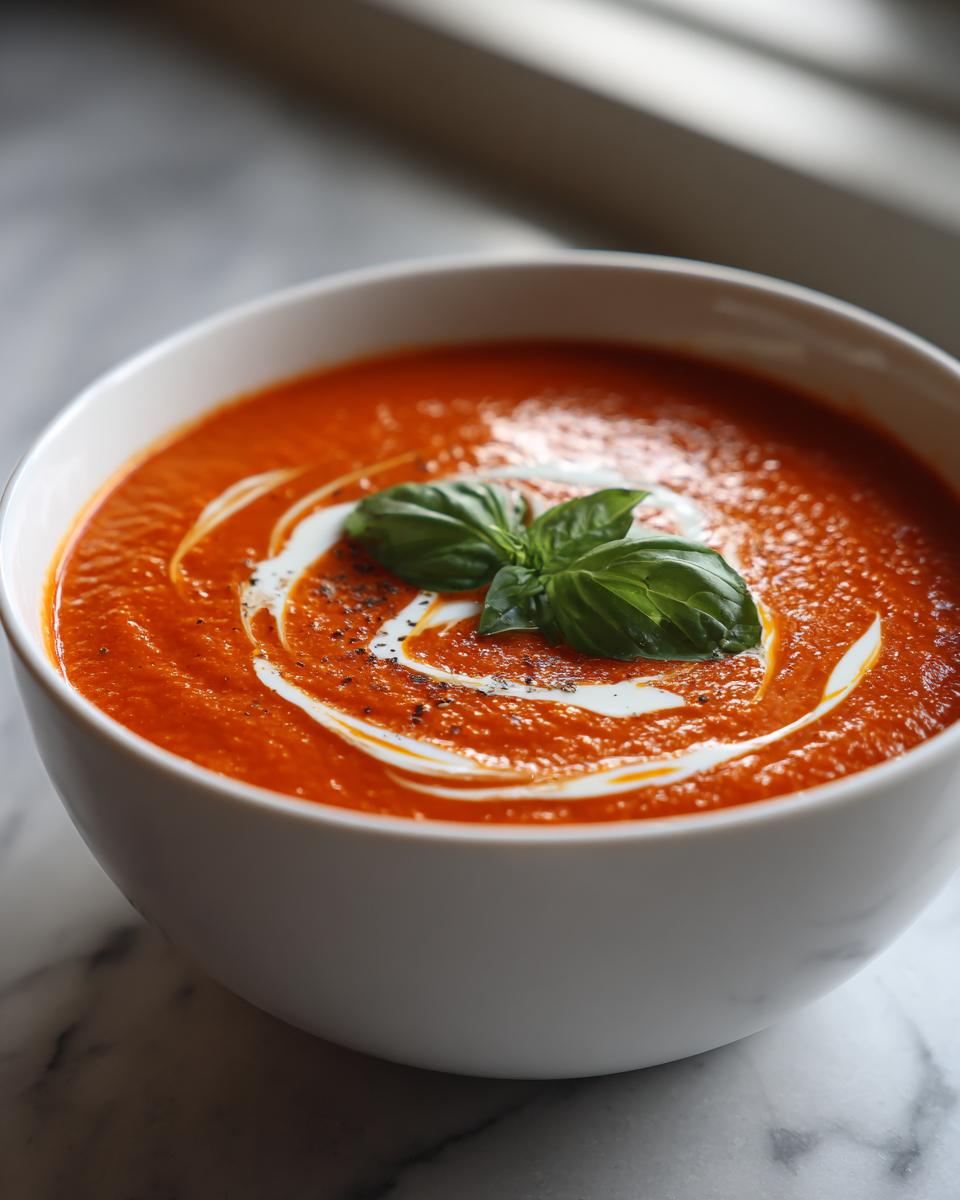 A close-up of a white bowl filled with vibrant, creamy tomato soup, garnished with a swirl of cream and fresh basil leaves. One of the best soup recipes.