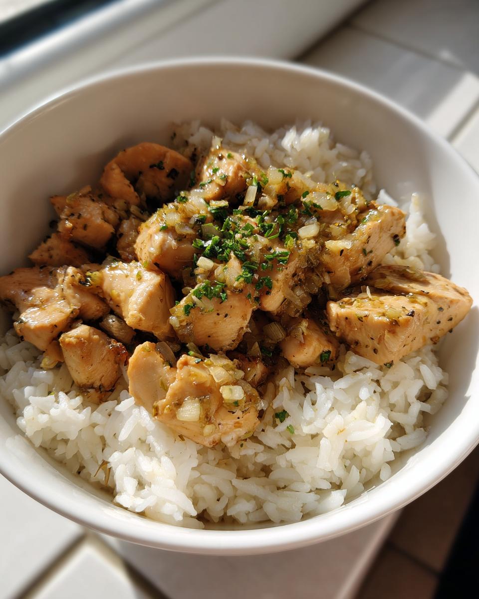 Bowl of cooked chicken chunks seasoned with herbs served over white rice.