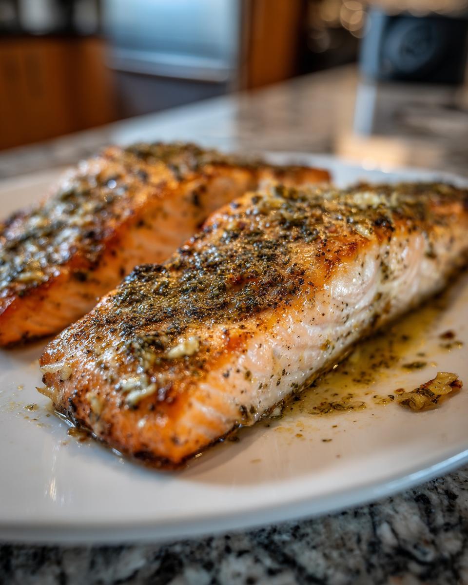 Two perfectly cooked salmon fillets seasoned with herbs and spices, ready to be served.