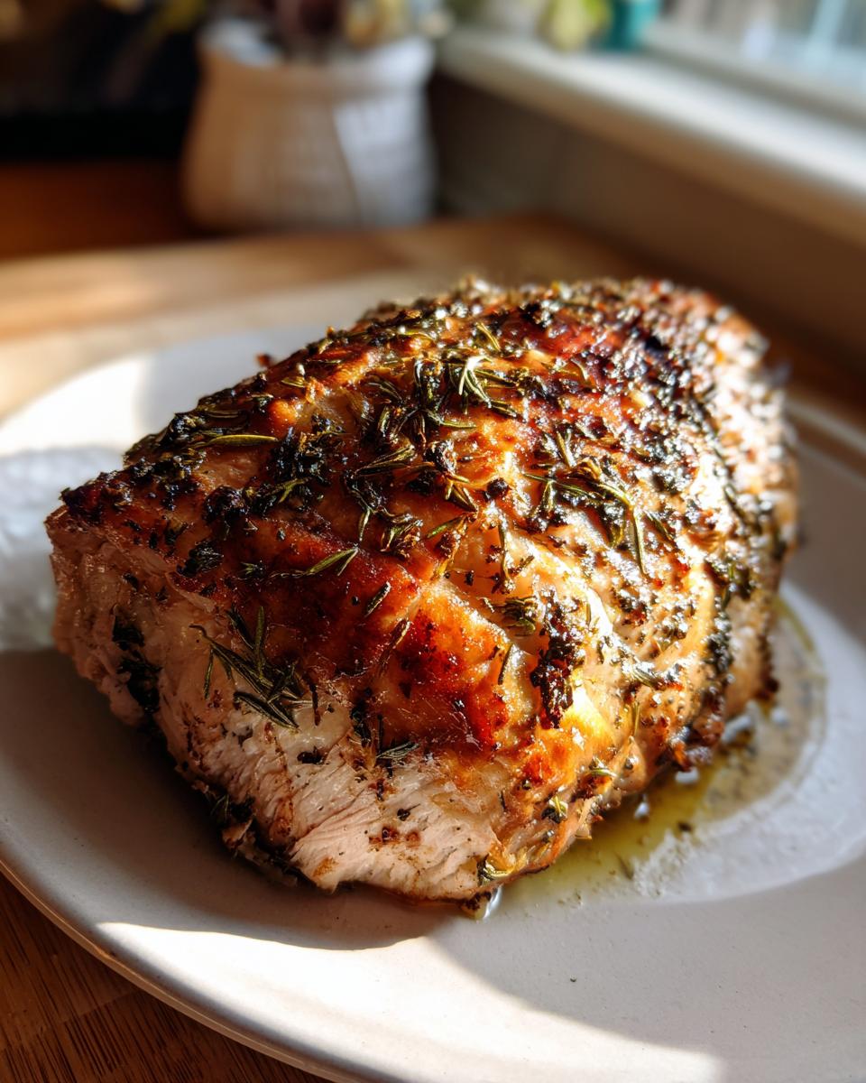 A perfectly roasted turkey breast seasoned with herbs, resting on a white plate.
