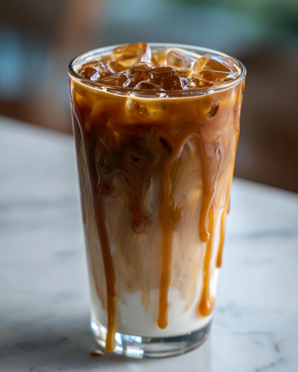 A tall glass filled with iced coffee, milk, and caramel drizzle, resembling a Starbucks drink.