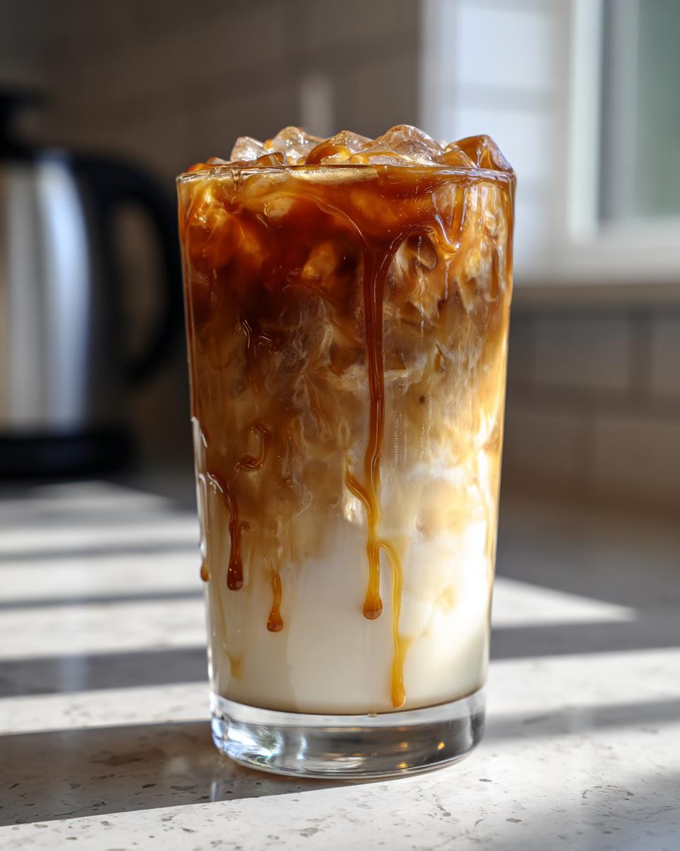 A tall glass of iced caramel macchiato, a popular Starbucks drink, with caramel drizzled over ice and milk.