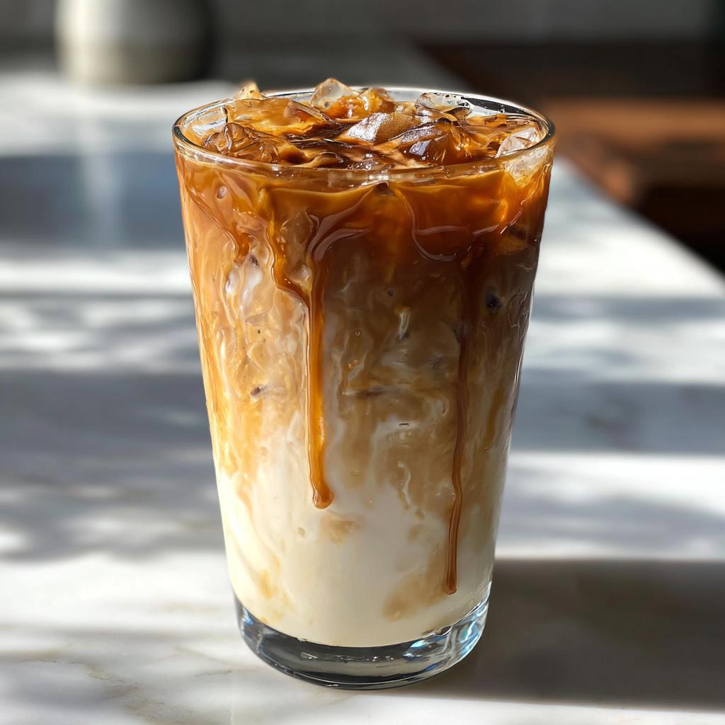 Close-up of a homemade caramel macchiato Starbucks drink with ice and caramel drizzle.