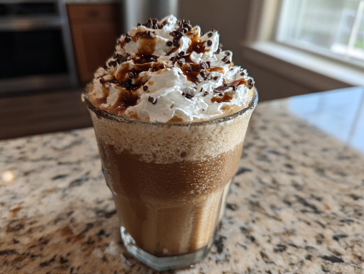 A homemade blended coffee drink, similar to Starbucks drinks, topped with whipped cream, chocolate shavings, and caramel drizzle.