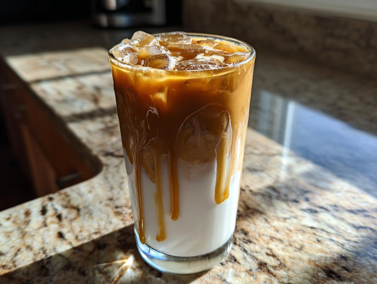 A tall glass of iced caramel macchiato, a popular Starbucks drink, with milk, espresso, and caramel drizzle.