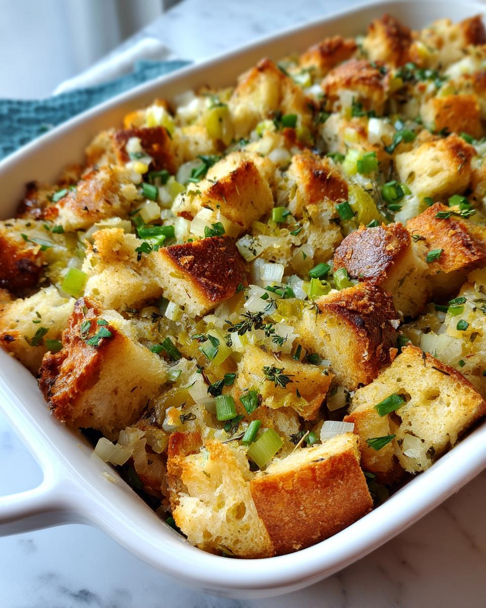 Close-up of a golden-brown homemade stuffing recipe baked in a white ceramic dish, topped with herbs.