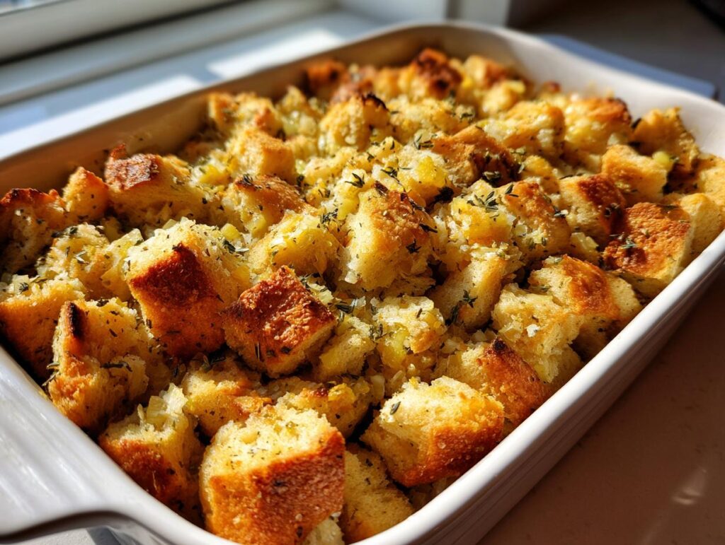 Close-up of a golden brown homemade stuffing recipe baked in a white ceramic dish, sprinkled with herbs.