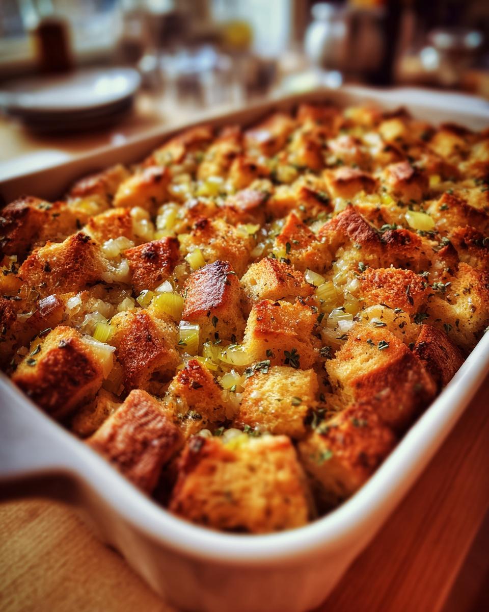 Close-up of a golden brown homemade stuffing recipe baked in a white ceramic dish, topped with herbs.
