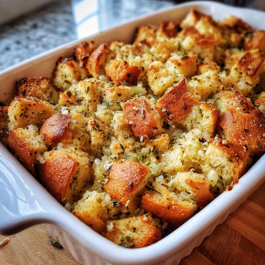 Close-up of a white baking dish filled with golden-brown homemade stuffing recipe, featuring toasted bread cubes and herbs.