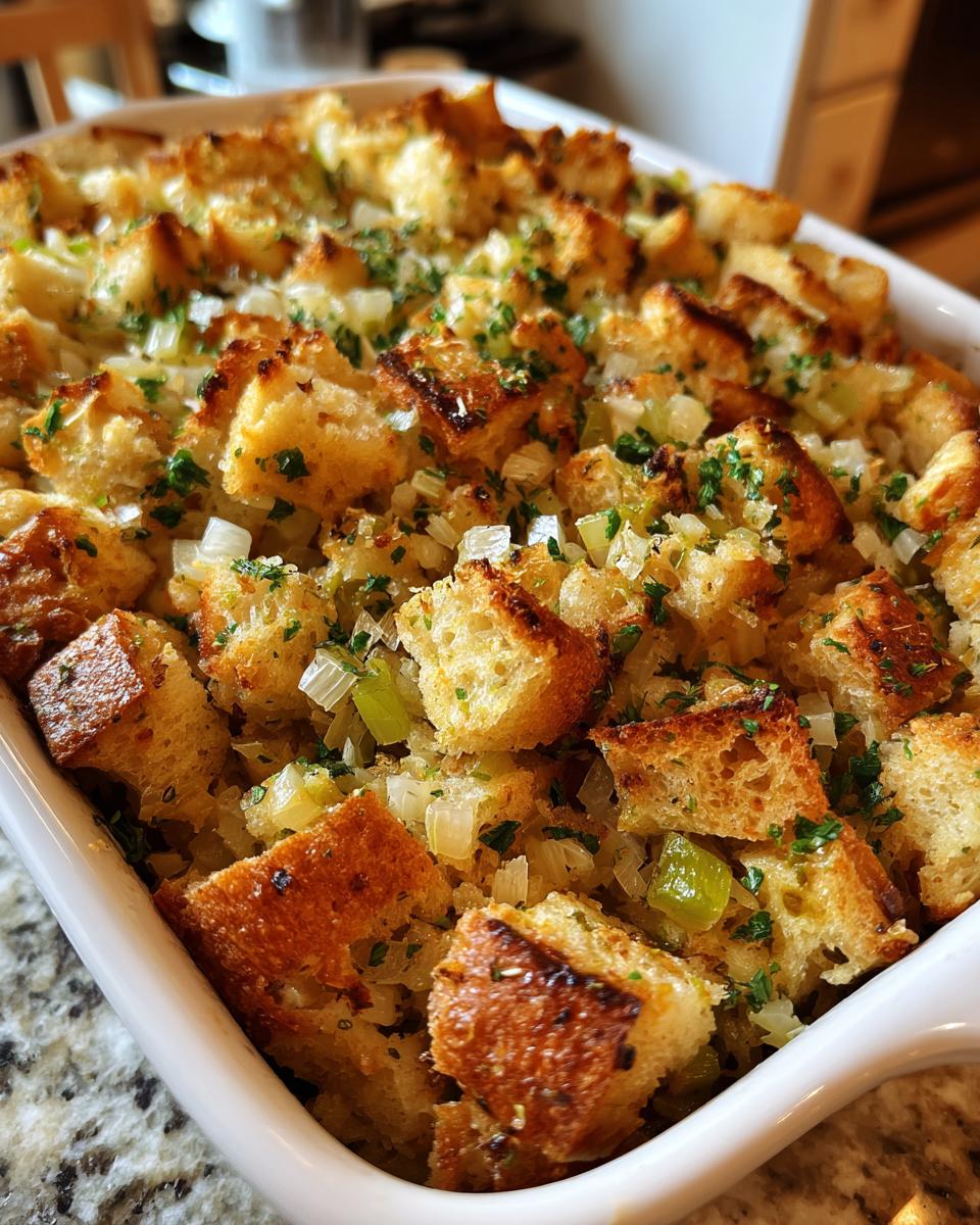 Close-up of a white baking dish filled with golden brown homemade stuffing, featuring cubed bread, celery, and herbs.